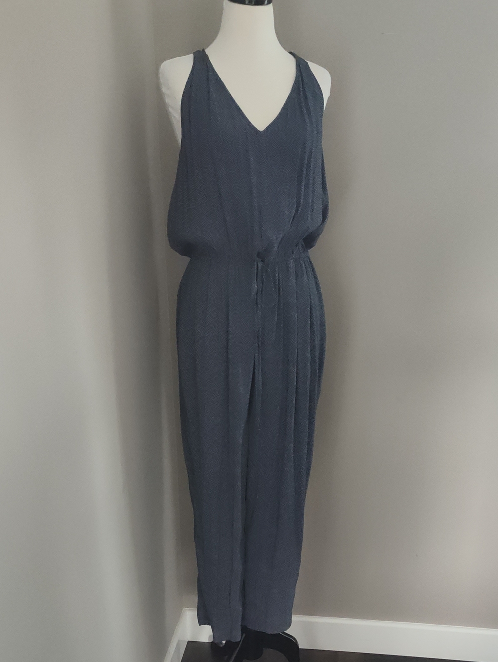 Treasure & Bond V-Neck, Crossover Back, Drawstring Waist Blue Patterned Jumpsuit